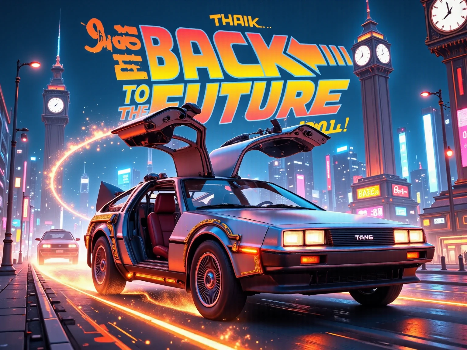 
(((article, "Thank you for 9K favorite ", Add text"Thank you 9K favorite", title logo font))) ,(Back to the Future,デロリアンが高速走行,時計塔