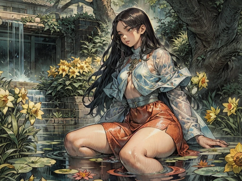 4k, ultra hd, masterpiece, 1 girl, serious face, detailed eyes, very long hair, (flare dress:1.5), blue flare dress, paisley print, (jwellery:1.5), bere waist, in the garden, cherry blossom, rain:1.5, (water:1.5), sitting,