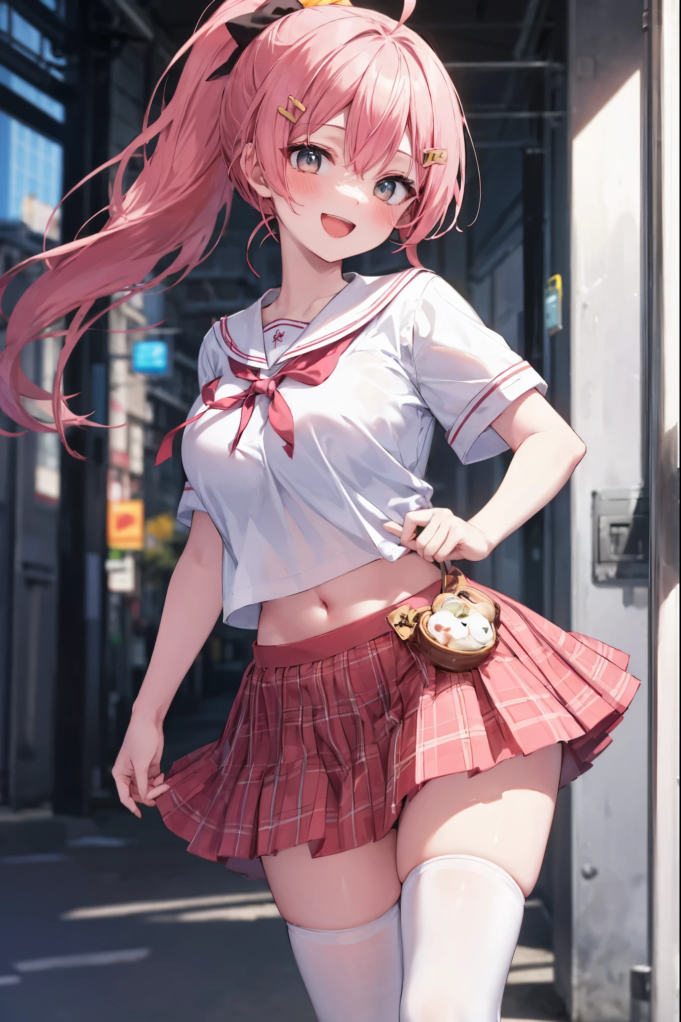 masterpiece, best quality, 1 _girl, solo, MikoSchool,ahoge,pink_hair,(short_ponytail:1.3), hairclip, white shirt, sailor_collar, pink_skirt, plaid, white_thighhighs, short_sleeves, looking through legs,big_smile,large_breasts,midriff,happy, excited,open_mouth,large_droopy_eyes