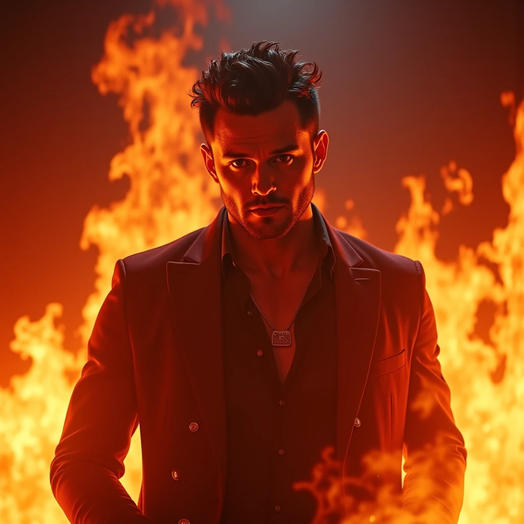 Evil pyromanic covered in with blood while smirking