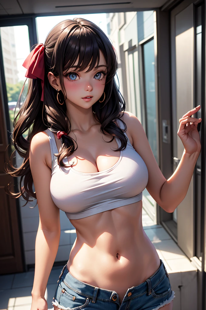 a land-based female character with freckled skin, satiny attire, and a substantial presence, she has an engraved, symbolic accessory with a sparkle, set against a backdrop of mist and lucid characters, render her with an impassioned, sky-seeking gaze, amidst a mystifying, oversaturated, and distorted landscape