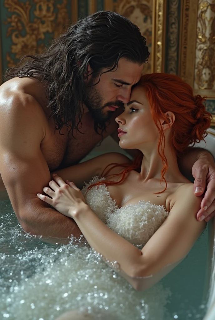 Claude Monet painting style, make me a painting of a black-haired man, white and blue eyes, Without beard, muscular and a red-haired woman with green eyes, curvy, in the bathtub hugging each other, nudes.