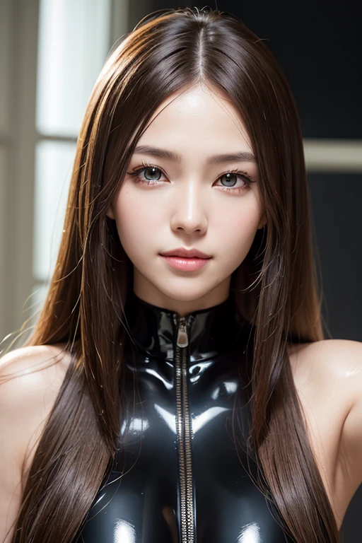 ((highest quality, 8k, Representative works in detail, Ultra-high resolution)), (Looking at the audience), (Cowboy Shot), Attractive woman, ((Big Breasts)), smile, ((Black choker)), Slim figure, (Blue Eyes), Long eyelashes, bangs, Beautiful shiny brown hair, Nogizaka Idol, Slim face、((See-through bodysuit)), Bright red lipstick、seamlesatte、Purple