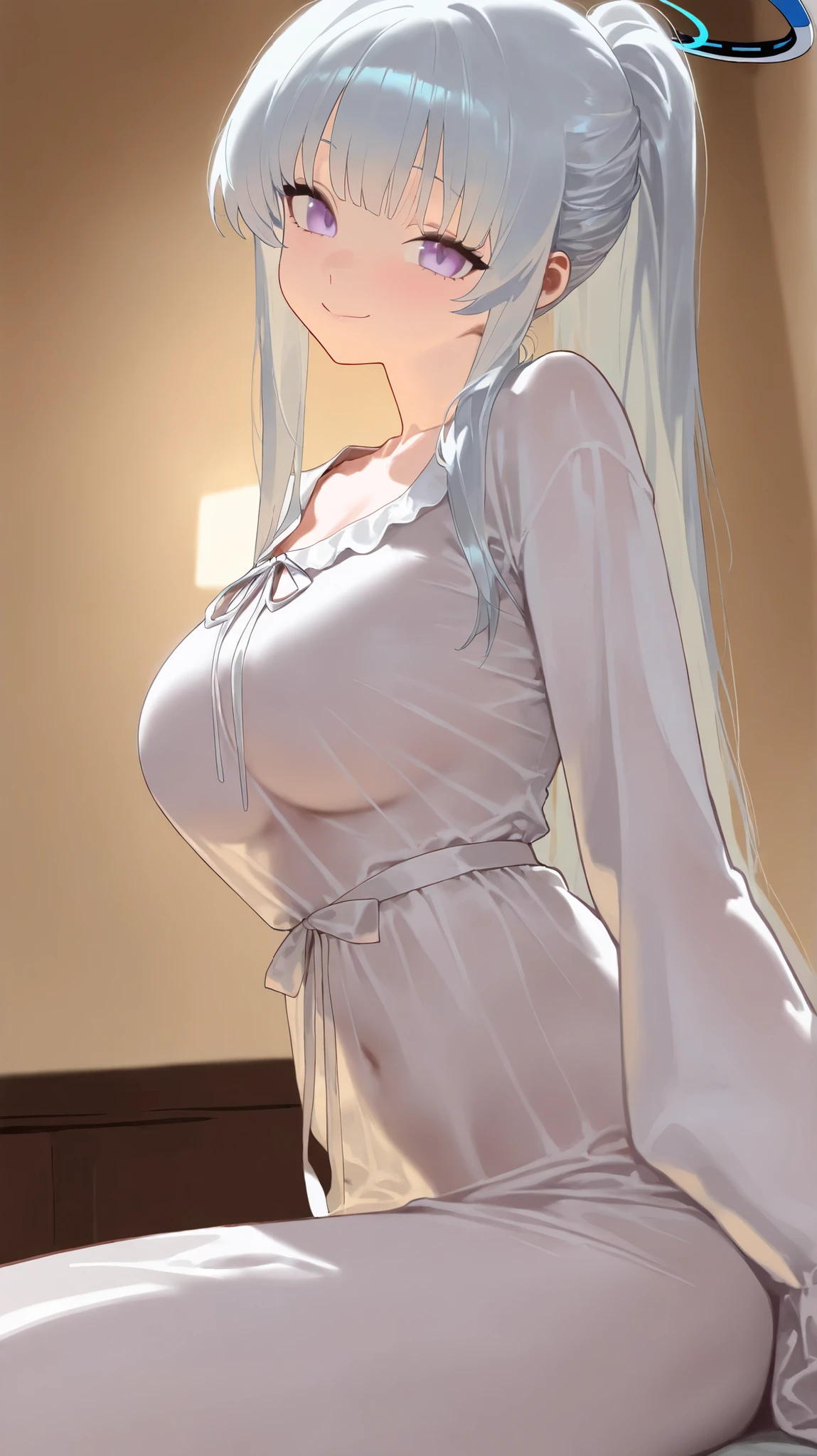 1girl,noa \(pajamas\),purple eyes,halo,white hair,white dress,ponytail,
year_2023,foreshortening,highres,high definition,absurdres,amazing quality,best quality,masterpiece,very aesthetic,masterpiece,simple background,
indoors,cowboy_shot,see-through clothes,looking at viewer,close-up,macro_shot,seductive_smile,naughty_face,,(),love hotel,dark,lambent light,sitting on bed,cinematic_angle,from_side,
