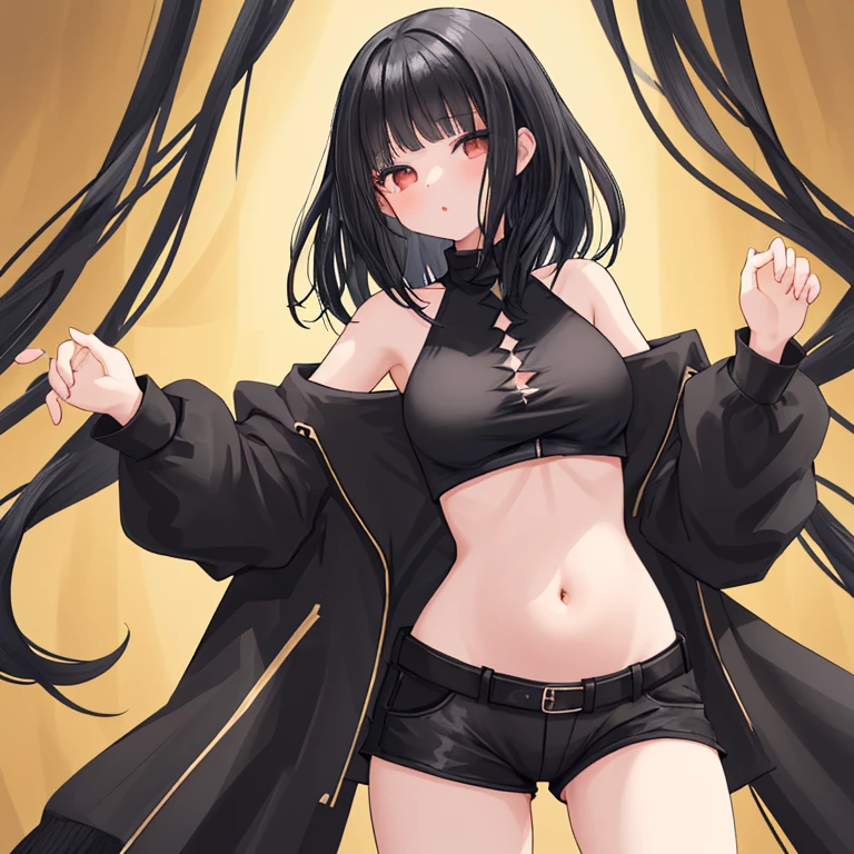 hot girl, beautiful long black hair, bright yellow eyes, black bikini, big but medium breasts, a black jacket no panties and long black transparent socks, wolf ears, blush
