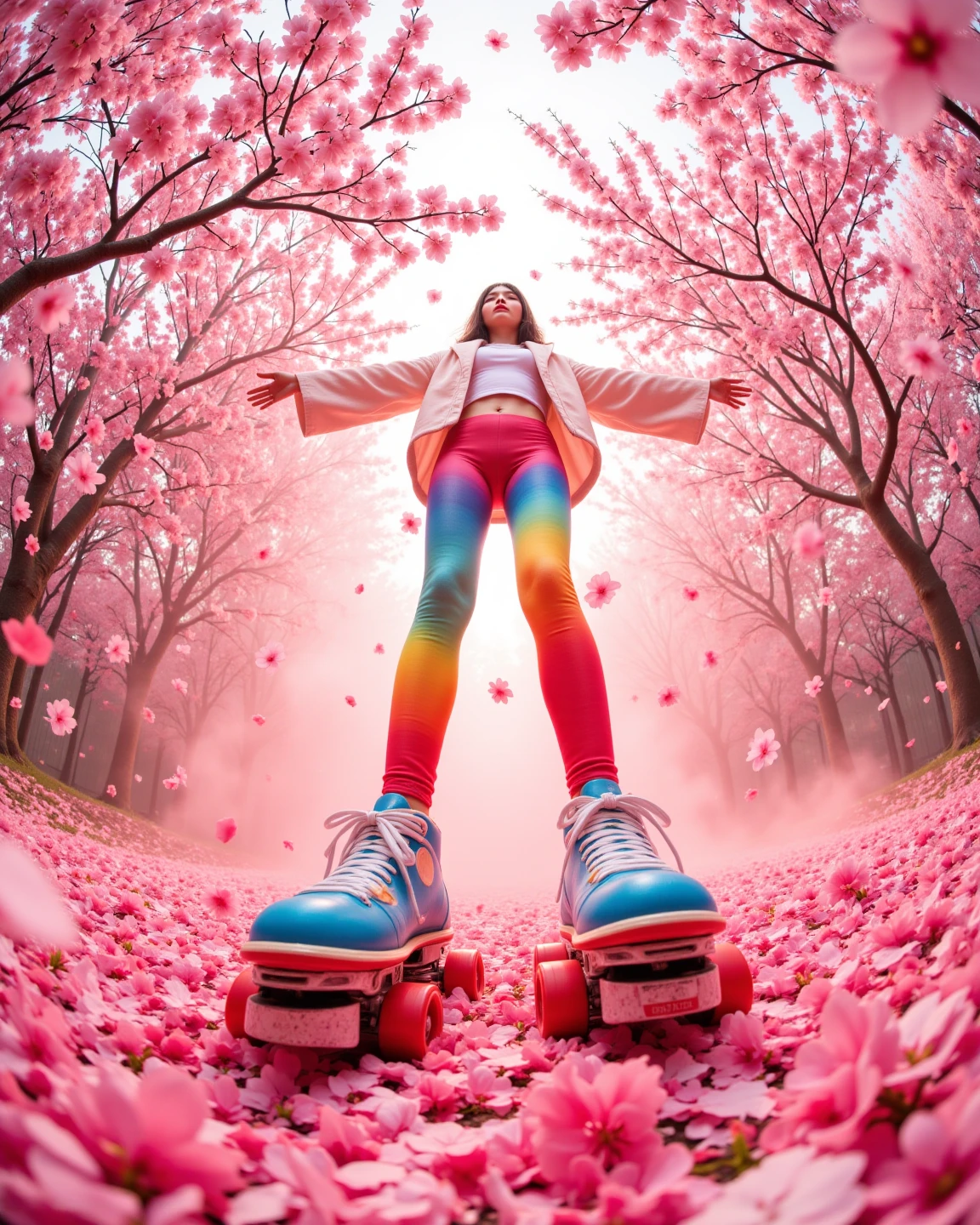 A lovely woman (miniskirt, rainbow hair, tube top, parasail) is a tourist in Japan, she is walking through a park while the cherries are in bloom, view from behind