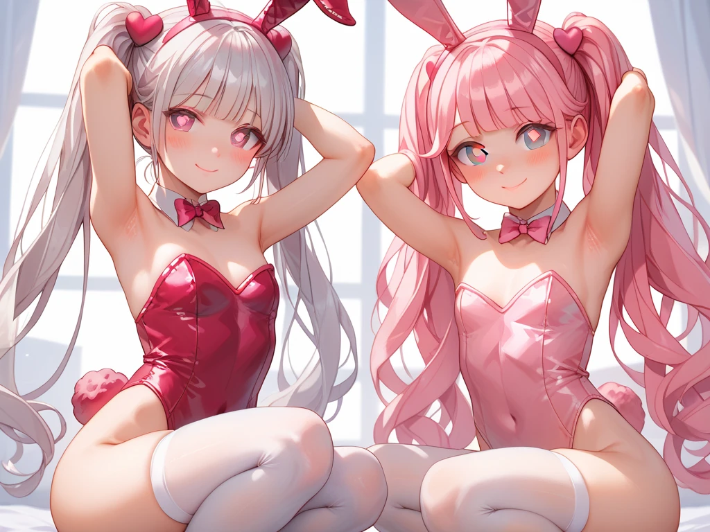 "2 girls, ((Masterpiece)), [Slim], (Small breasts), Pale skin, ((Detailed eyes)), (Background blur), ganyudef white long hair, Red eyes, villainous, Dark theme, [eyes liner], Evil".. Embracing. Blushing, profusely sweating. Naked Lesbian.  (Groping fondling pulling breasts). Spit. (Bunny suit). [Sucking on nipples]. [strap on-girl] [stripping of clothes]  {bending over), recoil, violent.  . Interlocked tongues. Kneeling. Heart pupils. Gagging. Missionary position.