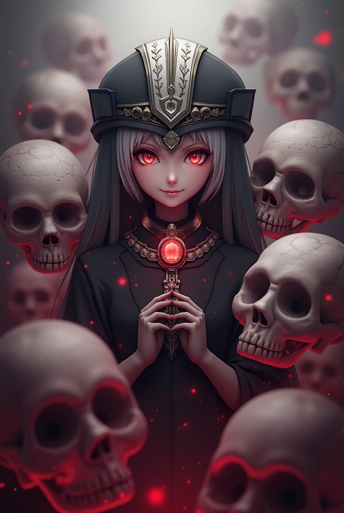 独奏,upperbody,Adult women、Pride is high、Eyelashes、black short wavy hair,big forehead,Sad expressionless、All-black robe、Round skull shield、Decadent、