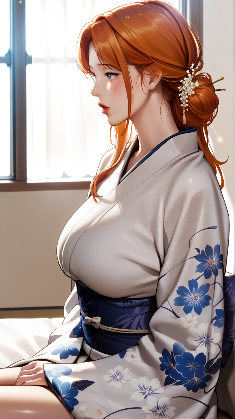 1girl, solo, Rangiku Matsumoto, beautiful face, focus on face details , long hair, breasts, blue eyes, blonde hair,huge breasts, cleavage, hair between eyes, jewellery, upper body, black Japanese clothes, black kimono, necklace, looking to the side, haori, black kimono, matsumoto rangiku, looking at viewer, outdoors, parted lips, blush ,no extra hand
