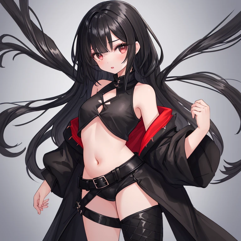 Devil Black hair Red eyes Long hair Red mesh Blindfold Clothes based on black and red Navel exposed Garter belt Shorts Knife Long bangs Hidden right eye Hidden one eye Long hair down to the waist Slender Girl Small breasts