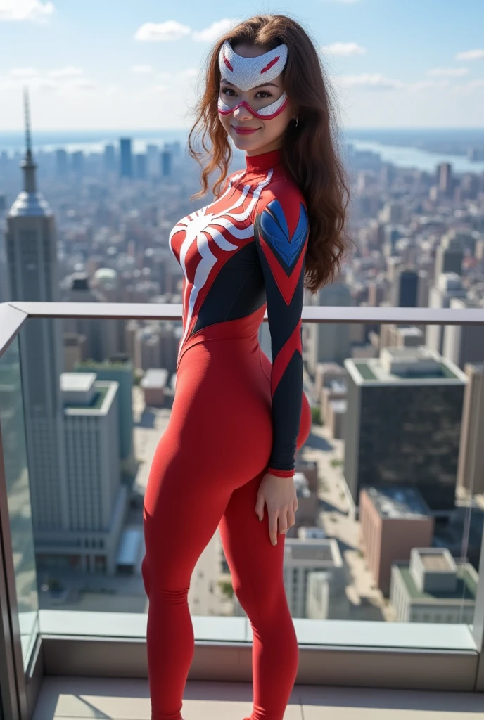 Female ninja，With a mask，Blue and red latex tights，Latex texture，Boots on his feet，Shiny hair，Full breasts，Muscles full of strength，Slender thighs，Full body portrait photo，Realistic graphics，Exquisite facial features，Full buttocks， (RAW photo, Highest quality, Full body photo，Masterpiece: 1.2), (Realistic, Photorealistic: 1.4), (Masterpiece: 1.4), (Highest quality: 1.4), (Super detailed), ((High contrast)), (High saturation), (Beautiful detail eyes), ((Very delicate and beautiful)), (Lovely hands, Perfect hands), ((five precise fingers, feminine beautiful fingers)), (The background is a mechanical network city without people), One girl，Attractive pose