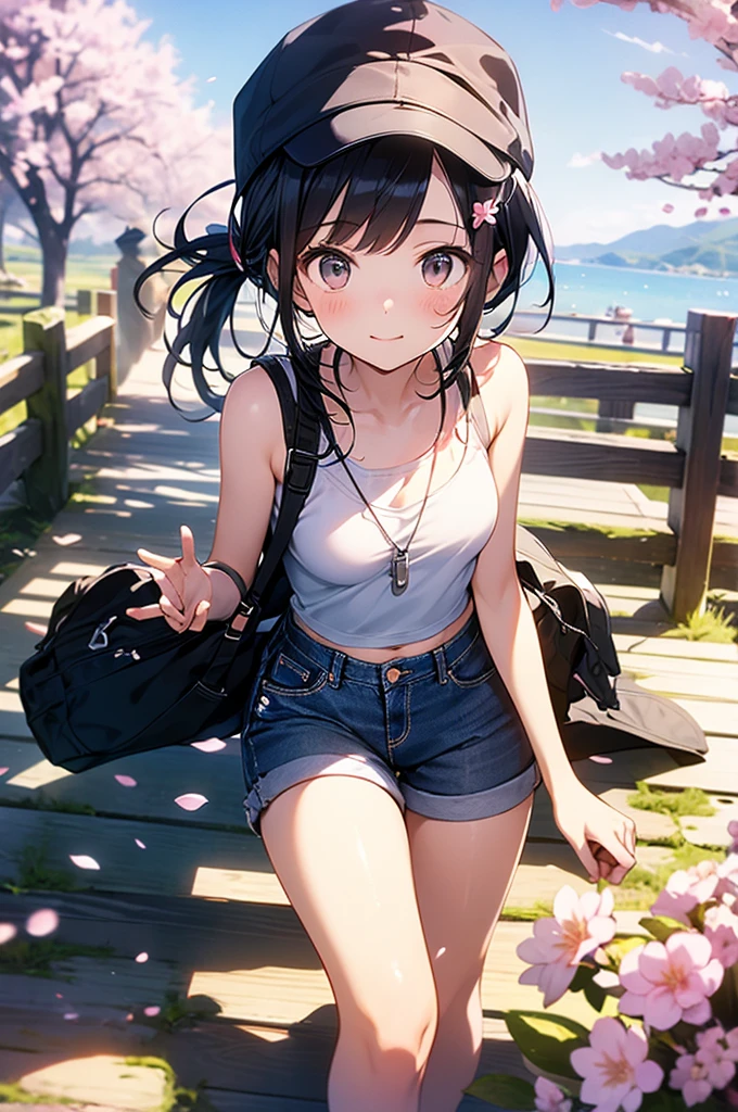 Realistic and detailed image of an elf. Dressed in a Cardigan coat and a baggy t-shirt. Denim minishorts. Slippers. Long silky black hair and long eyelashes. Turquoise eyes. Large breasts, slim waist, very wide hips and thick thighs. Smiling. Arched back. Kneeling. Park with sakura trees. Volumetric light. Ambient light.