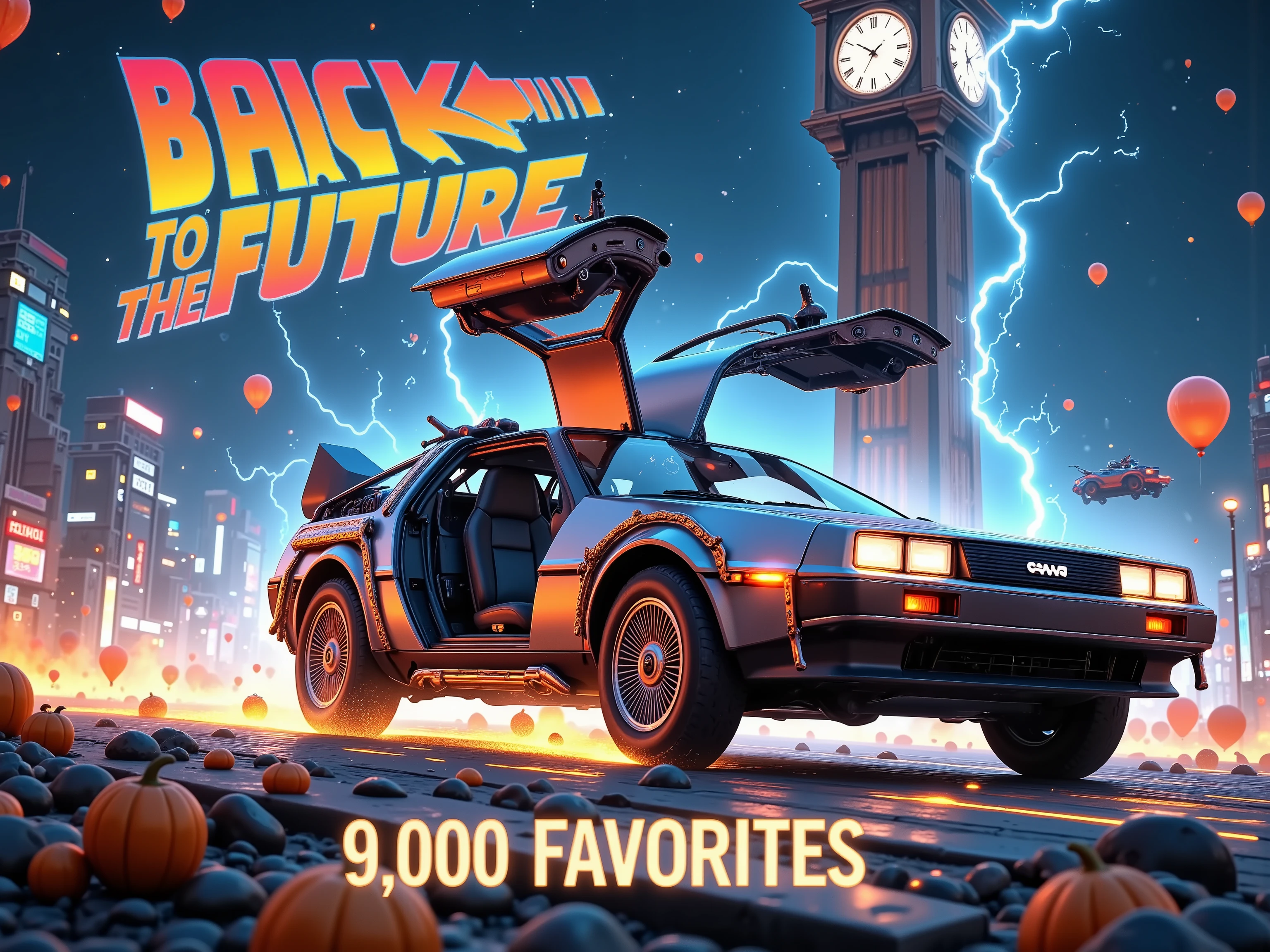 
(((article, "Thank you for 9K favorite ", Add text"Thank you 9K favorite", title logo font))) ,(Back to the Future,デロリアンが高速走行,時計塔