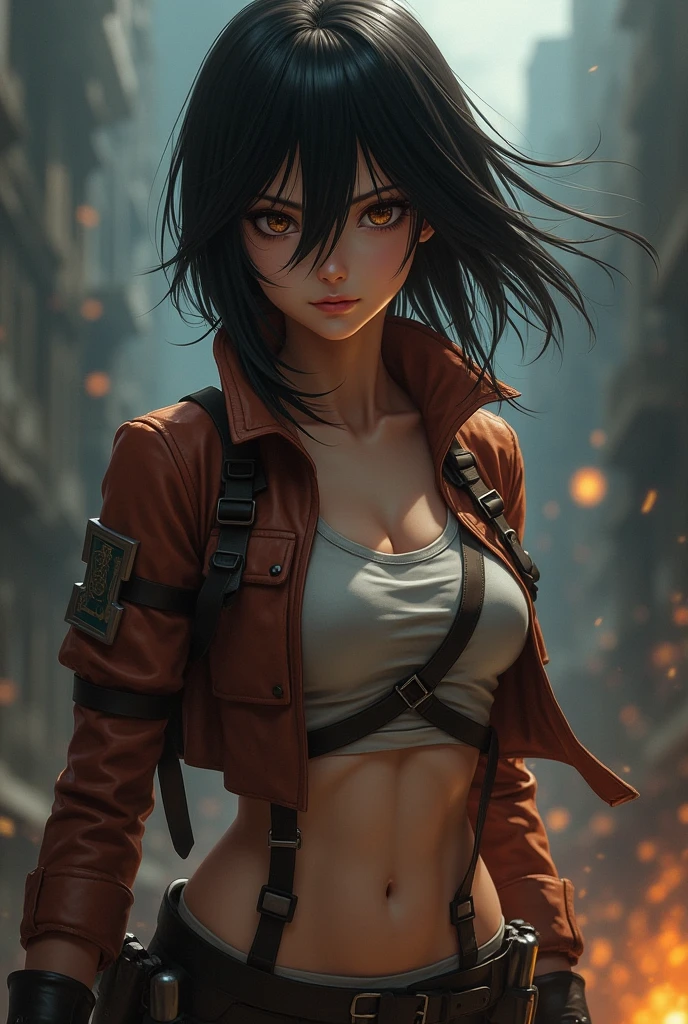 Japanese woman, Very realistic, Mikasa Ackerman, chubby-plump, Attack on Titan Real life Skena anime inspiration, sword, dark brown scarf, shoulder strap, The white shirt had all its buttons undone, revealing her bra clearly, and a brown jacket., big shirt, leaning back on the rocks, with a sigh of relief, sweating profusely, intense and cynical gaze, standing firm on the highest rocky hill, view of the sunset, HdR, gust of wind.