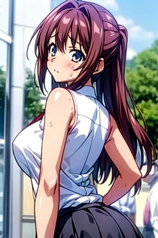 1girl, solo, shinka nibutani, flowing hair, medium breasts,  black thong, bra, masterpiece, smile, looking at viewer, in night club, wet body, contrapposto, standing, one hand on hip, cowboy shot, long torso, t-shirt pulled up, Full Height

