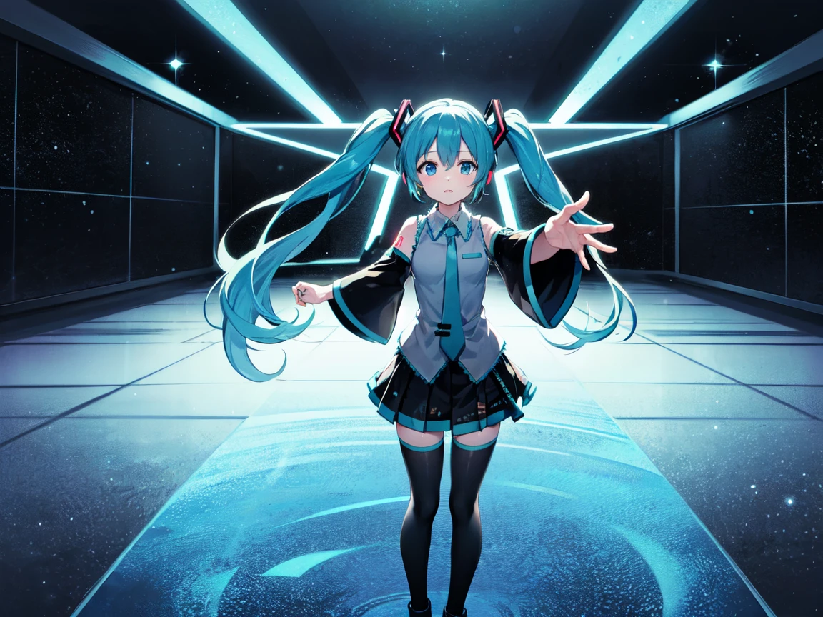 (Hatsune Miku,Light blue hair,Twin tails,No sleeve,tie,mini skirt,socks,Black hoodie),((Blue is the predominant color,Angle from below,Stars in the night sky)),(Shining futuristic city at night,Night view,Cyber World),(Dynamic pose,Standing on a glass stage,Cool look,singing,Holding a microphone)