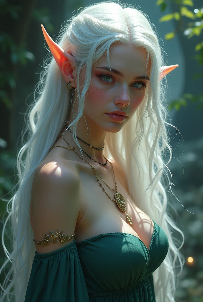 make an orc girl from dungeons and dragons, pinkish skin, long white hair tied up, flat nose, sharp lower teeth, that she looks very pretty, light blue eyes, white and leather clothing, with pastel colored details, that is very strong and muscular, somewhat robust
