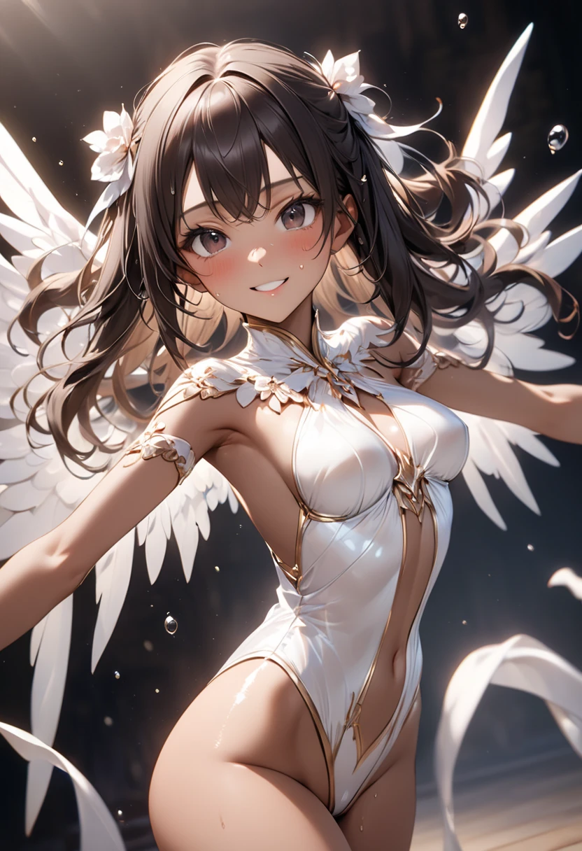 Highest quality,Highest Resolution,Smiling beautiful girl in maid leotard,Angel wings on your back,Halo,High leg,Frills,Very beautiful eyes,front,whole body,Bedroom,Standing posture,Spread your arms out to the sides,
