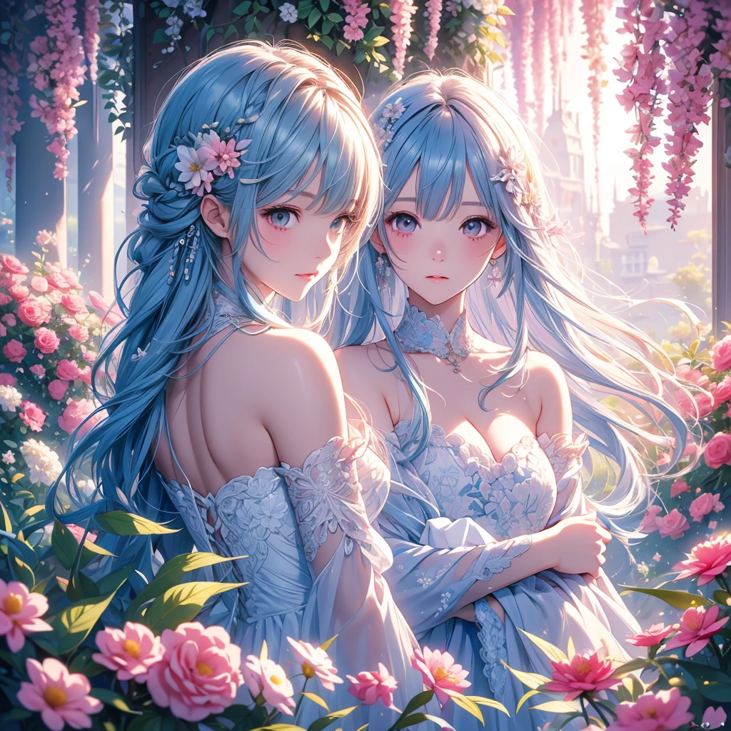 cherry_blossoms, Falling_petals, petals, branch, Pink_flower, 1girll,20yr old, Blue_sky, Spring_\(season\), petals_On_Liquid, flower, hanami, dress, (Long straight blue hair:1.5), Wear a garland, sky,exteriors,clouds,By bangs,ssmile,Blue eyes,White wedding dress,white lace legwear,Diamond crystal heels,Lace gloves,exposed bare shoulders,diamonds earrings,Detail enhancement。Hand repair,perfect hand,Holding_flower,ventania,The tree,Looking_at_peeping at the viewer,best qualtiy,detail-rich,Golden ratio figure,Thin waist,Perfect image quality。