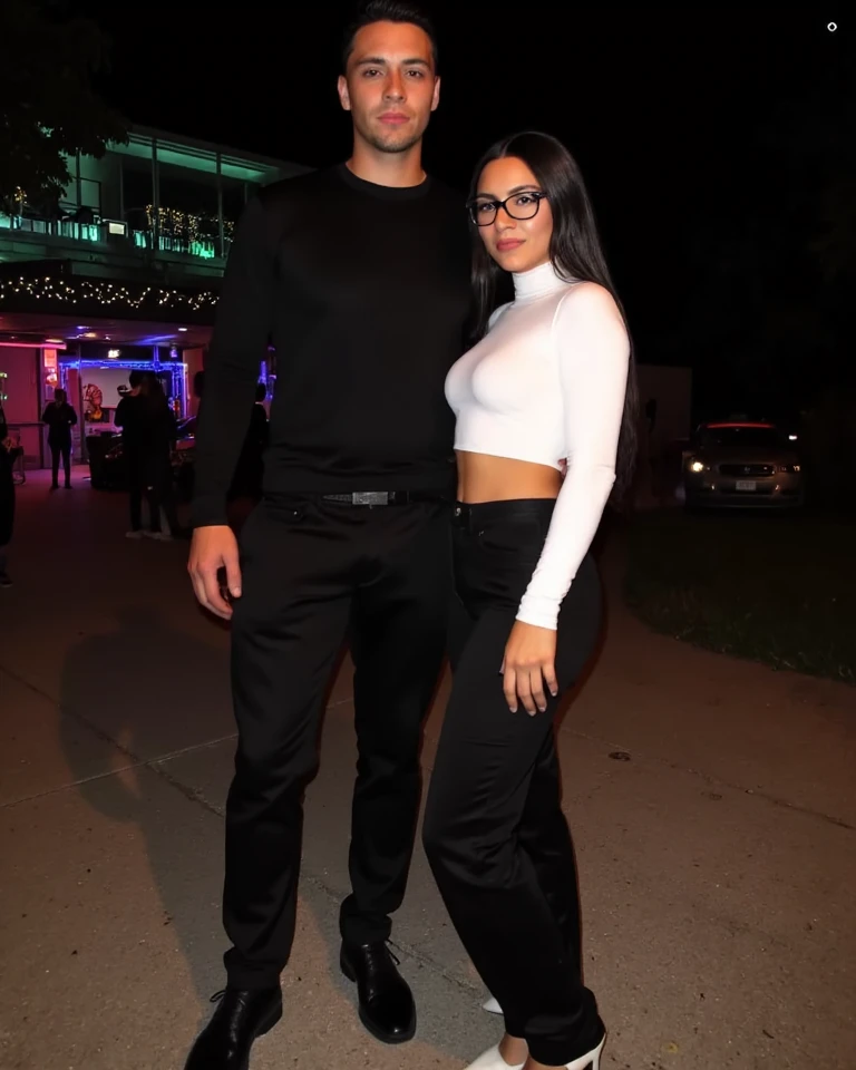  Couple photo, tall man beautiful man, beautiful face, an beautiful tall man, super tall fit man, beautiful face, wearing an black chic plover and black elegant pants, and black elegant shoes, and a woman with black very long hair, and glasses on, black eyeglasses, white elegant crop with long sleeves, and elegant black baggy pants, and wearing white high heels, photo outside, small lips smile, clarity photo, hd, long straight hair, cute smile, at a party posing, party colourful lights, hd quality,, full body photo, standing up, at night,, beautiful face, looking at viewer, very long hair