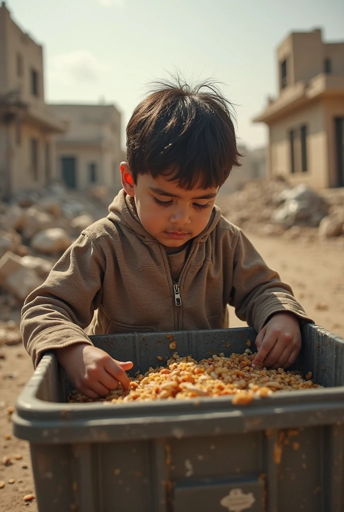 HD details,masterpiece,a ,Hair is messy,The face is dirty,Reach out and take the bread given by others,Background battlefield ruins,collapsed building,Dilapidated brick walls