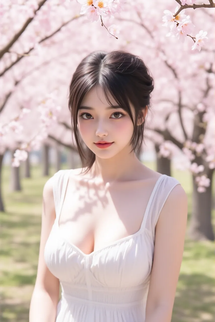 (A logo、masterpiece、8K、masutepiece、Raw photo、Fantastic、Best Quality、フォトリアリスティックでighly detailedな CG 統合 8k 壁紙、hightquality、ighly detailed、epic poem、Particle effect、Dynamic effects、depth of fields、Cinematic Light、Lens Flare、Ray tracing)、Fantasia、 (Beauty 1 person、doress、Dress、Cherry blossom pattern、A dark-haired、Beautiful face、Real Face、beautiful details eyes beautiful skin)、髪がthe windで踊る、Hair flutters in the wind、Hair jumps、Pink cherry blossom tree、Petals flutter、Sakura blizzard、Superb view、morning glow、Sun in the background、the wind、