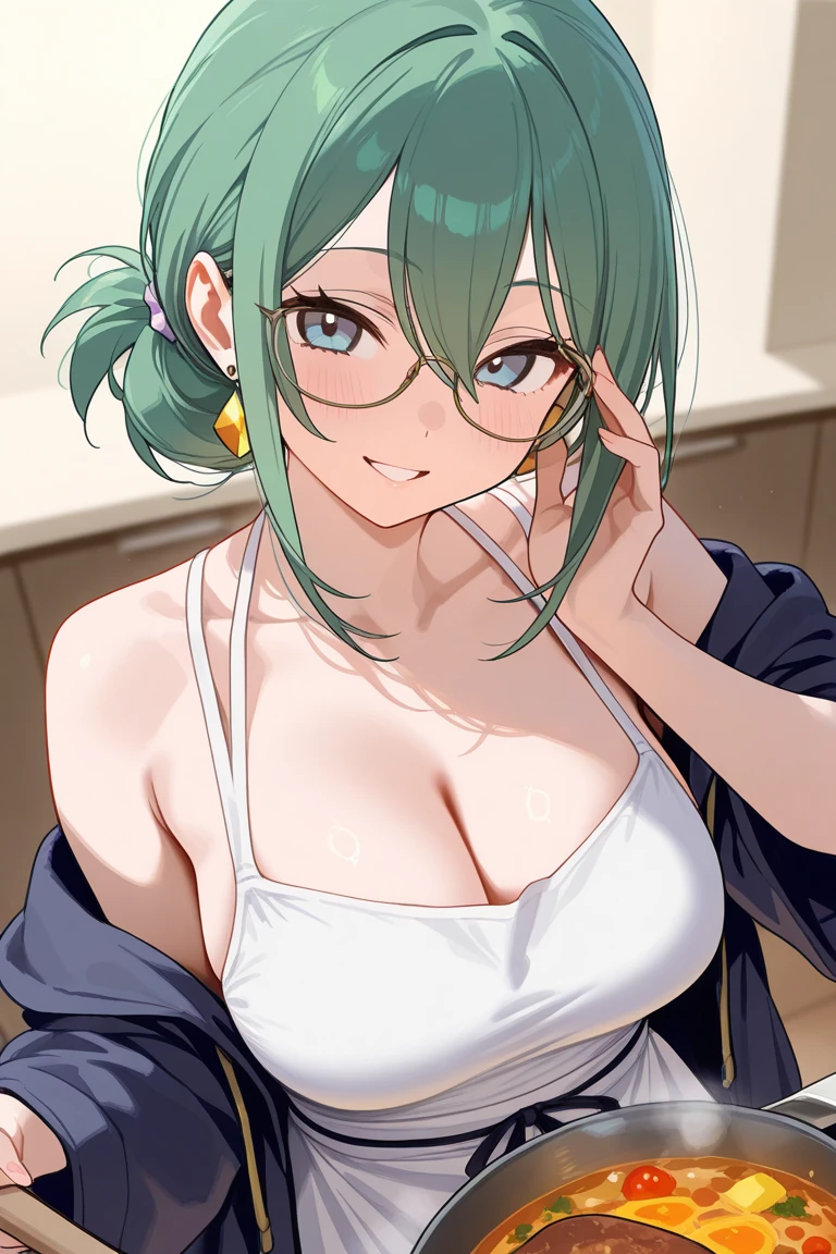 Zenin Maki with green hair and glasses, big breasts, (cleavage), arms behind back, sundress, fine details. best anime 4k konachan wallpaper, beautiful anime portrait, stunning anime face portrait, detailed portrait, The background is a vintage floral-patterned wallpaper that complements the artwork's colors. The line work is precise, with delicate shading that gives the illustration a 3D quality, ornate floral background, with green flowers,