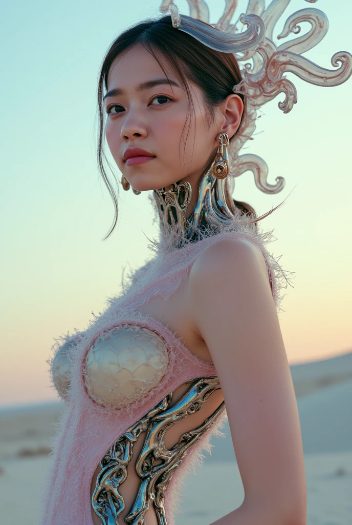 (A portrait of one beautiful and obscene female alien who is a young teenager:1.4), ((There is a female genital-like organ in the middle of her forehead:1.8)), (realistic face:1.2), (Numerous award-winning masterpieces, with incredible detail, textures and maximum detail), artistic photography, midnight aura, unreal engine 5, Ultra Sharp Focus, art by Amano Yoshitaka, ArtGerm, Roisch, intricate artwork, ultra realistic realism, high resolution, High freshness, drawing faithfully, official art, Unity 8K Wall paper, ultra detailed artistic photography, dream-like, Creation of fantasy, dream Snail, (biopunk nautilus:1.3),Thrilling color schemes, seductively smiling, Amazing mutation, well-proportioned body, goddess of the deep sea, fractal, Geometric pattern, impossible figures, (translucent white tentacles with luminescent organs:1.4), subtle emerald green accents, (smiling seductively:1.3),(She has the most beautiful face in the history of the universe:1.5), Penelope Cruz, (she is looking down at viewers with glowing red eyes with no pupils:1.3), an evil gaze that seduces, cinematic lighting, (Vampire-like long canine teeth can be glimpsed through the gap between the lips:1.3), in the hall of the palace, (sexy and sensual model posing:1.5), (beautiful small breast and nipples:1.2)
