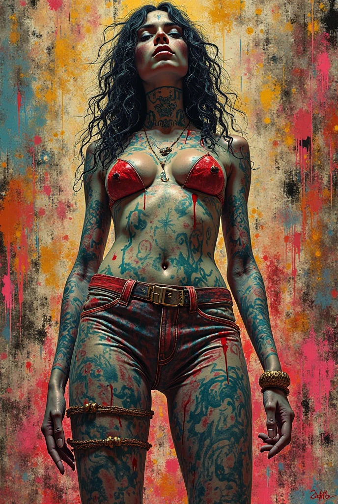 close up, full color painting of possing cyberpunk girl, sunglasses, high heel shoes, perfect hourglass figure, perfect perky tits, thick, (((Graffiti art) (by Carne Griffiths))), red wall background, insane details, intricate details, hyperdetailed, low contrast, soft cinematic light, dim colors, exposure blend, hdr, front --auto --s2