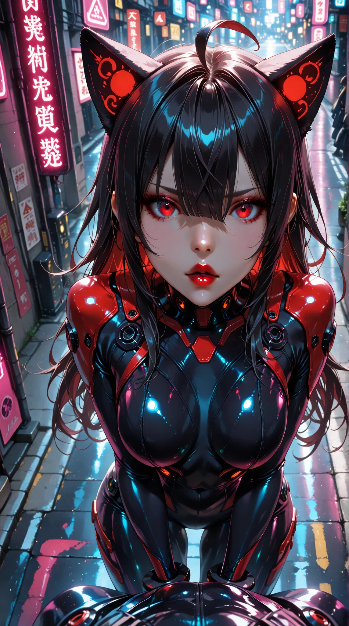 masterpiece, Beautifully drawn, a chic{(, junkotvvxl , red eyes, black hair, cat ears, blows, hair between eyes, long hair, , (Ahoge), straight bangs, hair between eyes, (Bright red lips)
), breasts, body suit, }, Futuristic Tokyo , street, neon light, amazing lighting , (from above)
