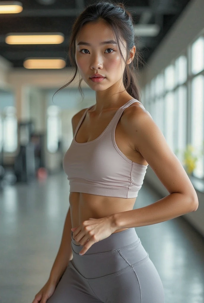 high school student, work out, girl, crop tee, leggings, Asia, language, beauty