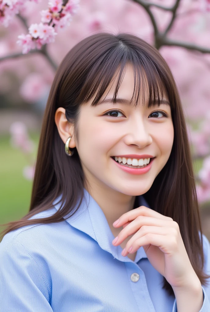 (( Best Quality 、8k、​masterpiece:1.5))、1 personの女の子、alone, smile、 bungs:2:3、bungs、 Super Detailed Facial 、 Ultra detailed mouth、 detailed eyes、(1 person)、looks up、( blue striped shirt)、((Breast swelling 1.3))、 lip gloss、 long hair、((Cherry Blossom Tree Background))、natural light、28 years old、black hair、(mega breasts 1.8)、 Smile、shows his teeth and laughs、((full body shot))