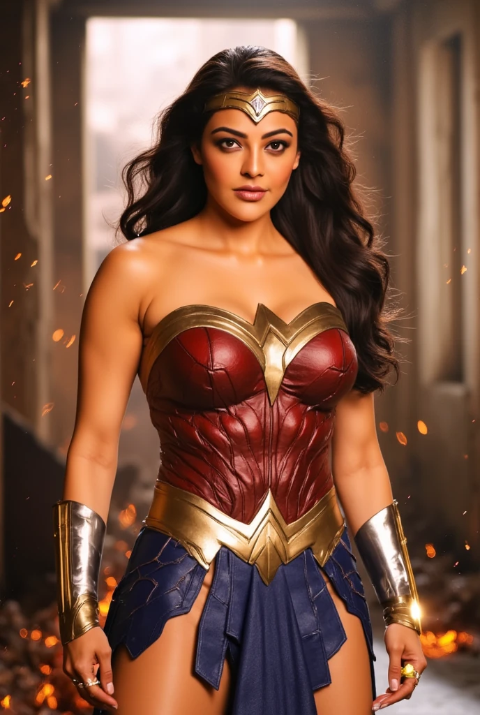 close up photo of a sexy bengali woman, curvy body, cleavage show, chubby cheeks, deep navel, nose ring, earring, seductive face, dark red lipstick, wearing wonder woman outfit, soft volumetric lights, (backlit:1.3), (cinematic:1.3), intricate details, (ArtStation:1.2)