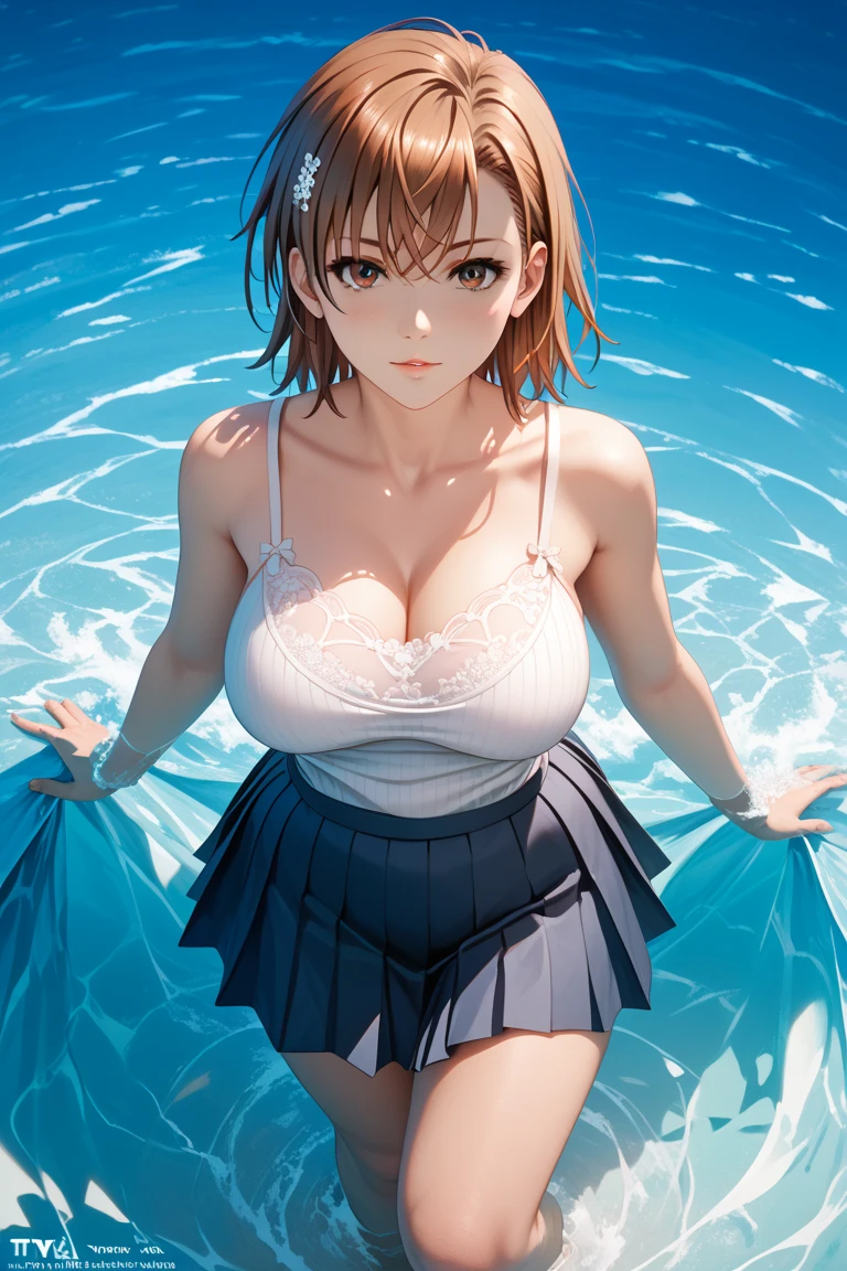 A 27-year-old female office worker enjoys her holiday at the indoor pool.、dark brownの髪色でロングボブヘアーです、A swimsuit top with an overlapping layer of indigo cloth that covers 4 cm below the right collarbone to the bottom of the left nipple, and a blue cloth that covers 4 cm below the left collarbone to the bottom of the right nipple.、Indigo swimsuit panties with ribbons on the sides、I am wearing a pareo skirt that is slightly transparent so you can see my panty line around my waist.、The ceiling and walls are made of glass、You can see the night sky outside the glass、The lower half of her cleavage is hidden by cloth、It&#39;s late night now