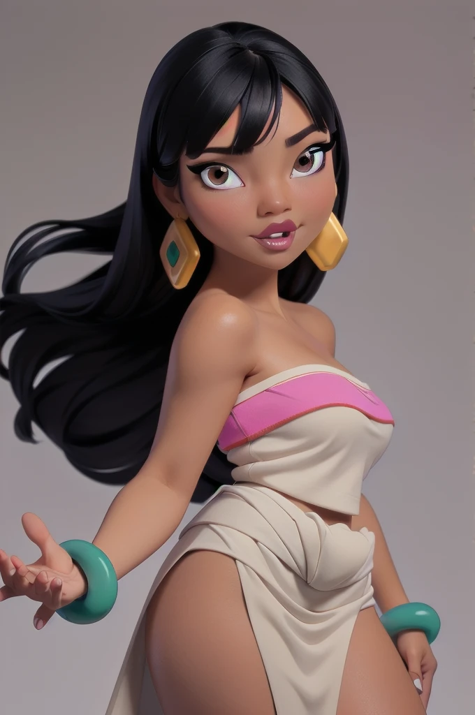 ((ultra quality)), ((masterpiece)), Chel, ((black-haired long hair)), (Beautiful face), (beautiful female lips), (), charming, ((sexy facial expression)), looks at the camera, (dark skin color), (dark skin), glare on the body, ((Detailed eyes)), ((Hazel eyes)), (juicy female lips), (brown lips), (dark eyeliner), (beautiful female hands), ((ideal female figure)), ideal female body, beautiful waist, beautiful hips, medium breasts, ((subtle and beautiful)), stands seductively, (Wearing: tube top, loincloth, emerald bracelet's and golden earrings:1.2), background: stone temple, ((depth of field)), ((high quality clear image)), (clear details), ((high detail)), realistically, professional photo session, ((Clear Focus))
