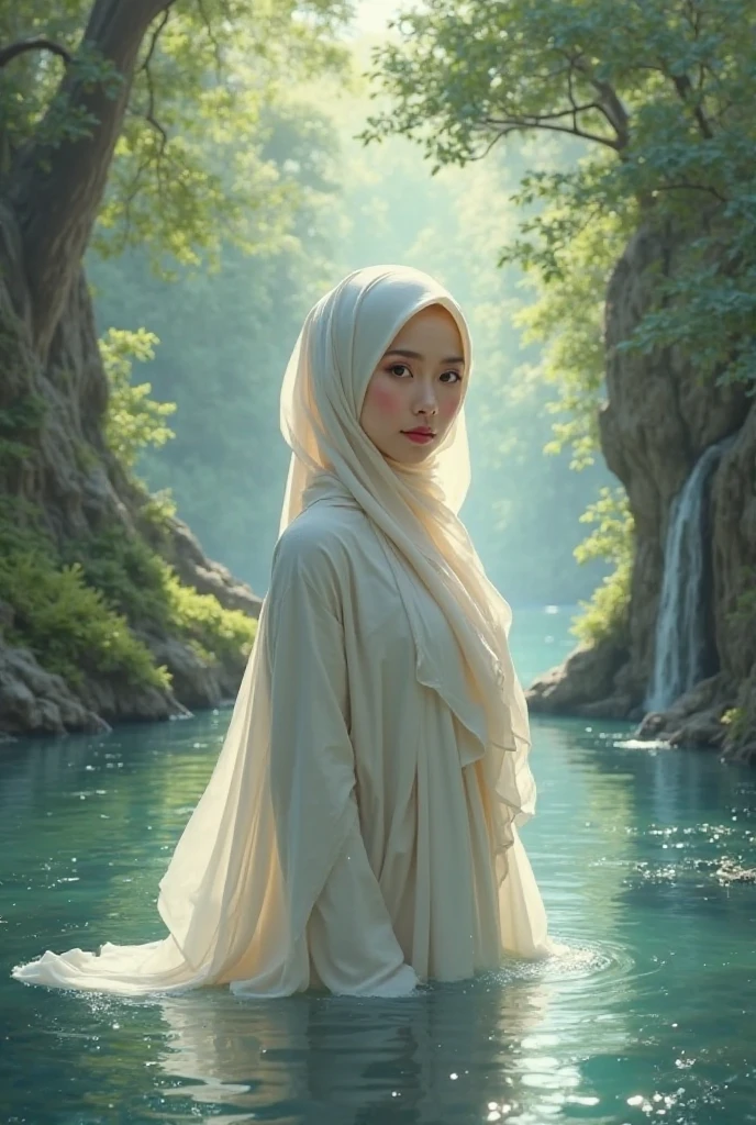 Beautiful Korean girl, smooth white skin, well-groomed face, white hijab, white hoodie, white jamsuit pants, standing on the edge of a wooden bridge, there is a river covered with small flowers of various colors, there are small rocks, the water is very clear, the view is exotic, the background mountains, there are waterfalls, the cliffs are overgrown 
Green moss and shady trees look authentic, real and realistic in photos