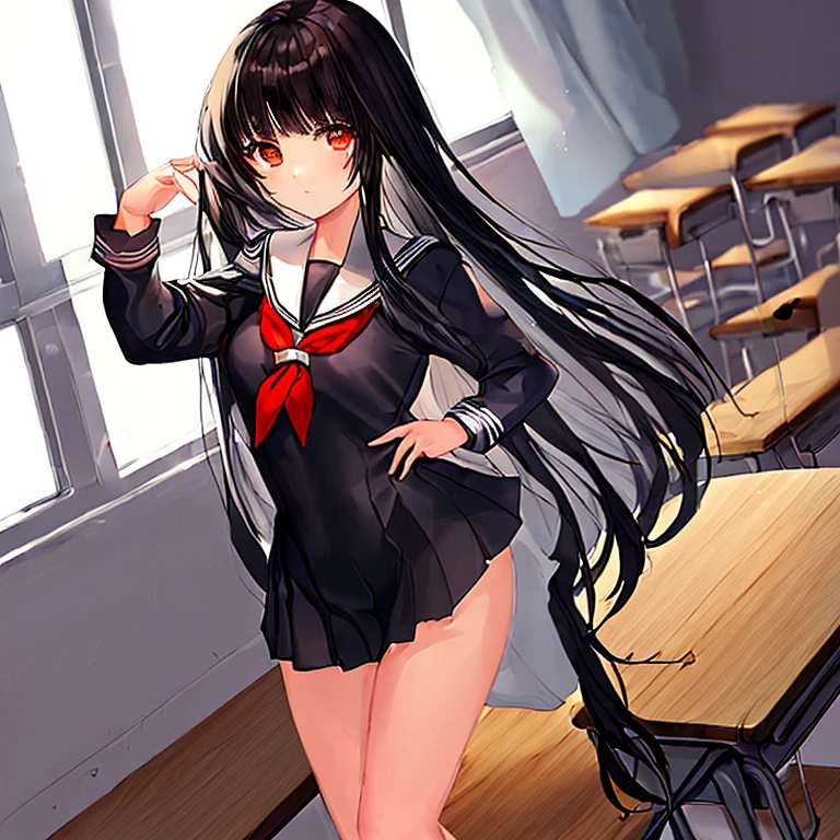 (full figure:1.1), 1 girl as yukino yukinoshita, absurdres, highres, solo, school uniform, big breasts, waist long black hair, (twintails:0.5), miniskirt, (black thighhigh socks:1.1), loose red ribbon, unbuttoned white shirt, (ahegao:1.1), (rolling eyes:1.1), (female masturbation:1.2)