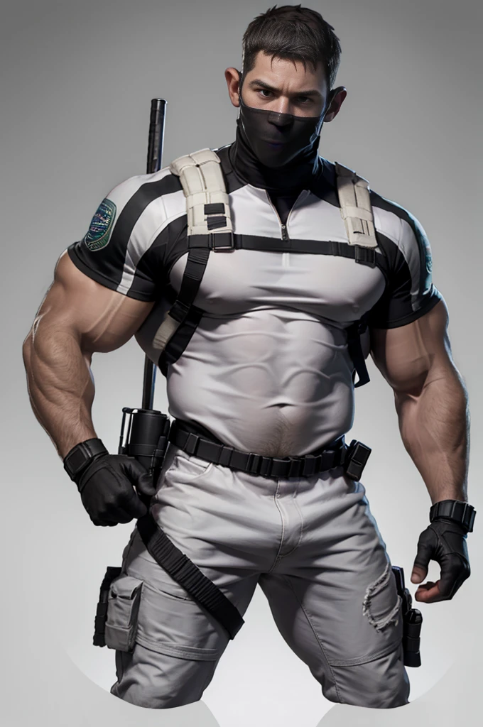 Movie poster, character design (Resident Evil - Chris Redfield, Chris Redfield) wearing a milky white combat uniform, standing alone in the ruins of the apocalypse, with a sad expression, muscular male hero, heroic male pose, tall and burly, muscular! Wearing sunglasses, sexy charming muscular leg muscles, tall burly, creamy white combat suit, super gain and cool, high resolution committee, cream white combat boots, attractive strong man, blazing sun on the body, sweat soaked clothes