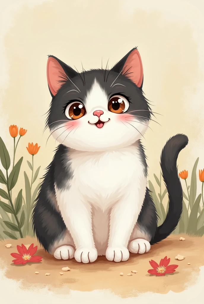 Hand-drawn, detailed, warm, whimsical, natural, traditional animation style, American Shorthair cat, white and black, big and round eyes, short feet, a littel fat, Clingy