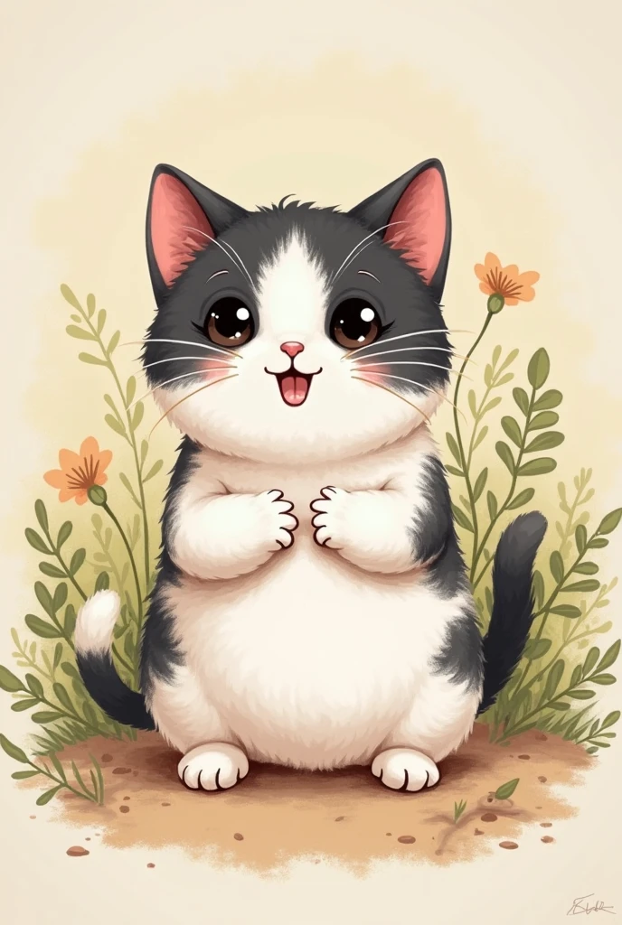 Hand-drawn, detailed, warm, whimsical, natural, traditional animation style, American Shorthair cat, white and black, big and round eyes, short feet, a littel fat, Clingy