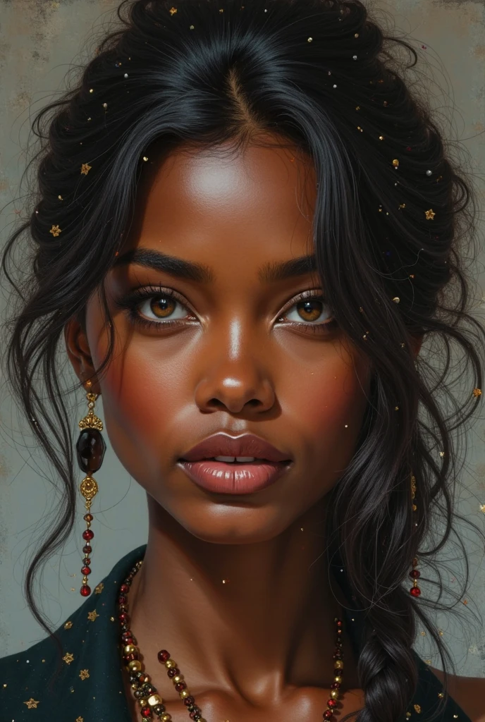 An exquisite portrait of a Black African woman with deep ebony skin, the photograph captured in stunning 8k resolution and raw format to preserve the highest quality of details. The woman's beauty is undeniable, her face commanding the frame in a close-up shot that reveals the intricate details of her eyes. She wears a dress that complements her radiant skin, and her eyes are portrayed with meticulous attention to detail, showcasing the captivating depth within. The photograph is taken with a lens that emphasizes the defiance in her gaze, and the backdrop is a dark studio setting that enhances the muted colors of the scene. The lighting and shadows are expertly crafted to bring out the richness of her skin tone and the subtle nuances of her features. Her ginger hair, with its distinct hue, adds a touch of warmth and contrast against her ebony skin. The interior setting adds a sense of intimacy, while the freckles on her skin tell their own story. The overall composition captures her essence with authenticity and grace, creating a portrait that is a celebration of her heritage and beauty. Photography by defiance512, utilizing the best techniques for shadow and lighting, to create a mesmerizing portrayal that transcends the visual.