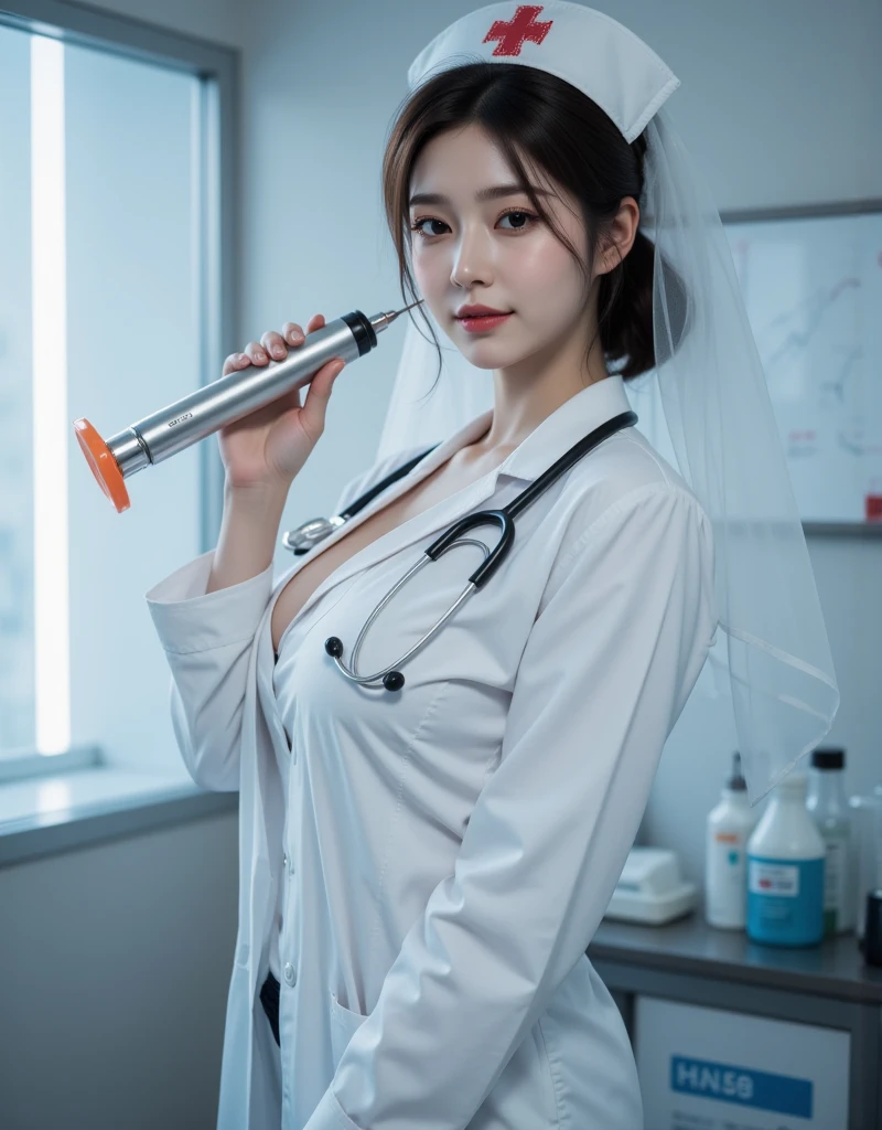 (((Beautiful dental hygienist)))、(((Appearance during treatment)))、Medical mask、((Don't wear panties)), (((Leaning forward to look into the patient)))、(((Separate lab coat)))、(8K、top-quality、masterpiece:1.2)、(reallistic、Photorealsitic:1.2)、 Phenomenally cute girl、18year old、(((Neat and clean lab coat)))、(((Hmm.)))、独奏、hospitals、watching at viewers、(Sit up:1.5)、(((Hospital Patient Rooms)))、Chest that looks like it's going to burst、Fine and beautiful eyes、)、(Dark blonde hair:1)、(Mature:1.1)、skirt by the, Nurse lab coat, sockes, A dark-haired, bblurry, blurry backround, knee high, Ro White Nurse Shoes, life-like, length hair, s lips, Brown-eyed, Black socks, Onepiece, Accept the phallus from behind、 looking to side, masterpiece, top-quality, ultra-detailliert、(((Spread your legs apart)))、Inviting eyes、
