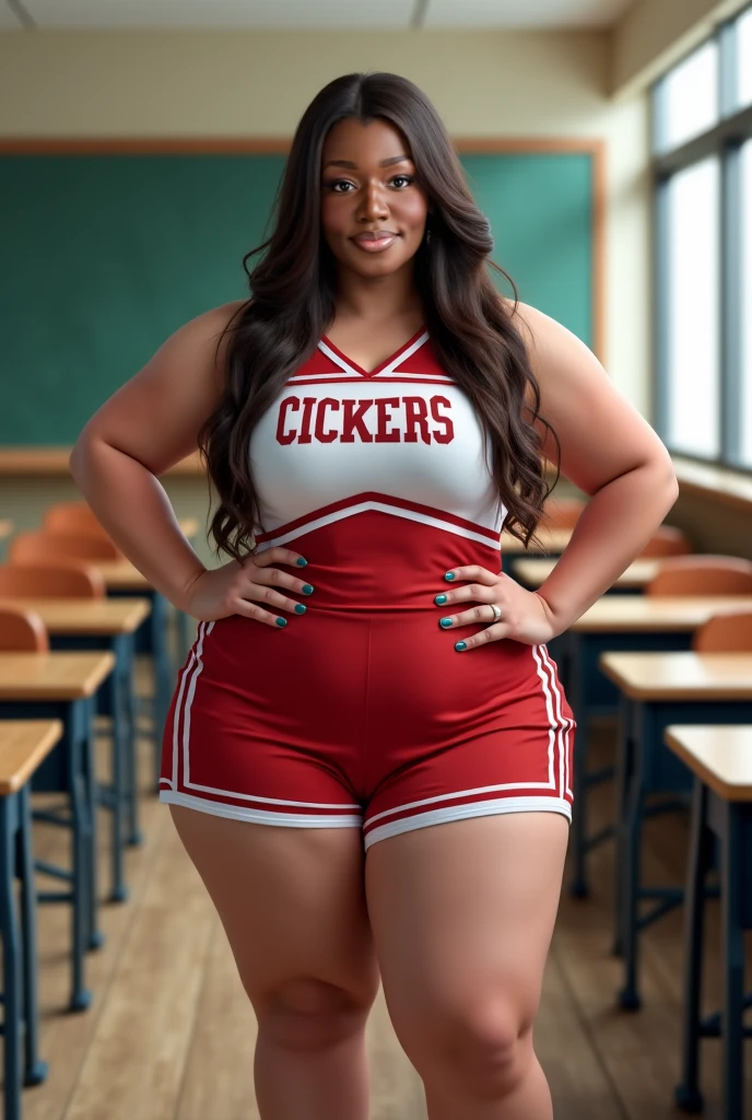 Very Busty young black girl wearing cheerleader outfit very short skirt, long patterned socks,  glasses, massive huge breasts, long hair in braided pigtails, full length view 