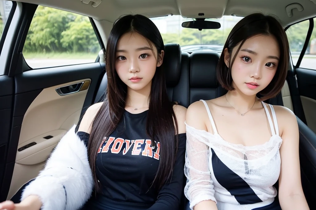  girl 19-year-old Hairstyle fashion  Casual, F Cup Breasts wearing off shoulder collarbone in car and driving the car with her friend