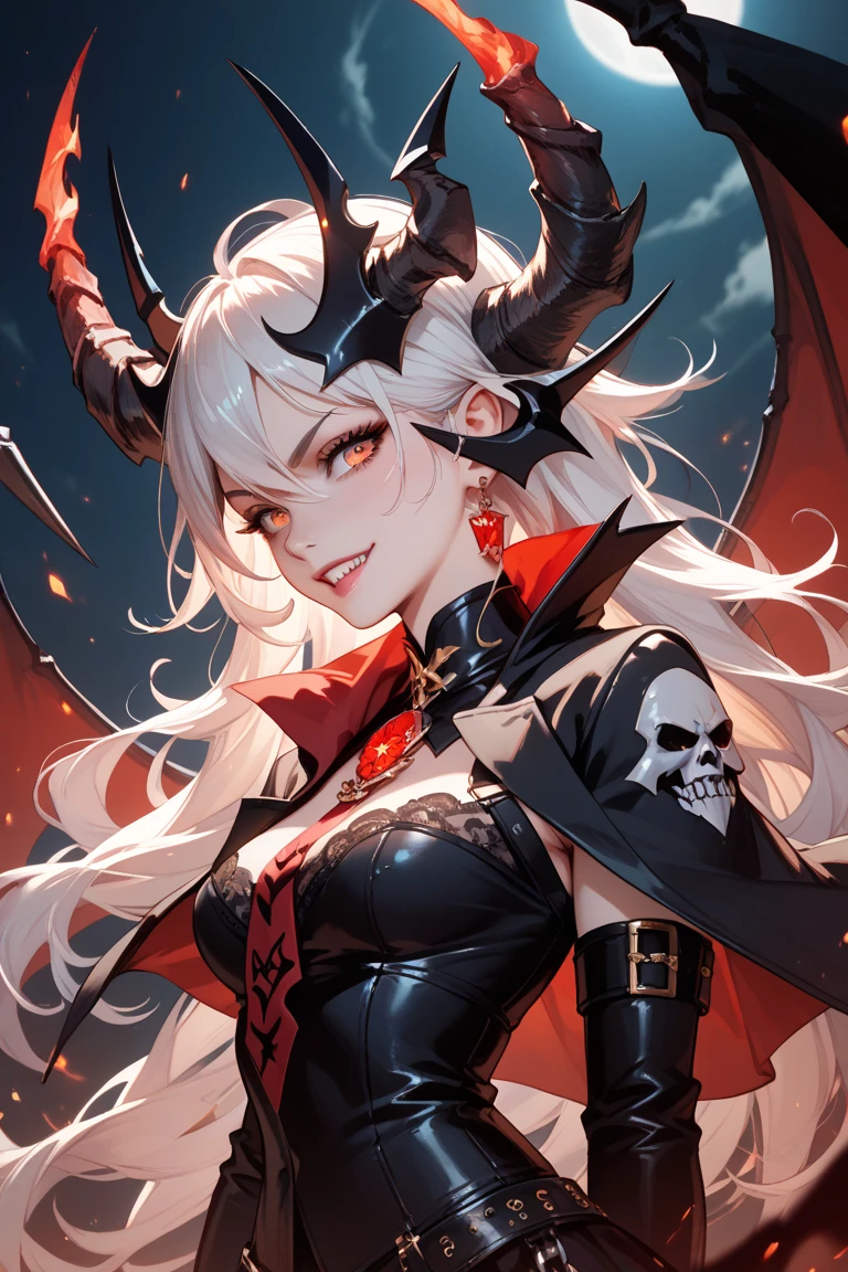 unparalleled masterpiece, ultra realistic 8k CG, perfect artwork, intricate details, best quality, acqa, faded light,high contrast, dynamic angle,
devil, demon king, female, armor, demon horns, blood, vampire, 
void flame in hand in hand,