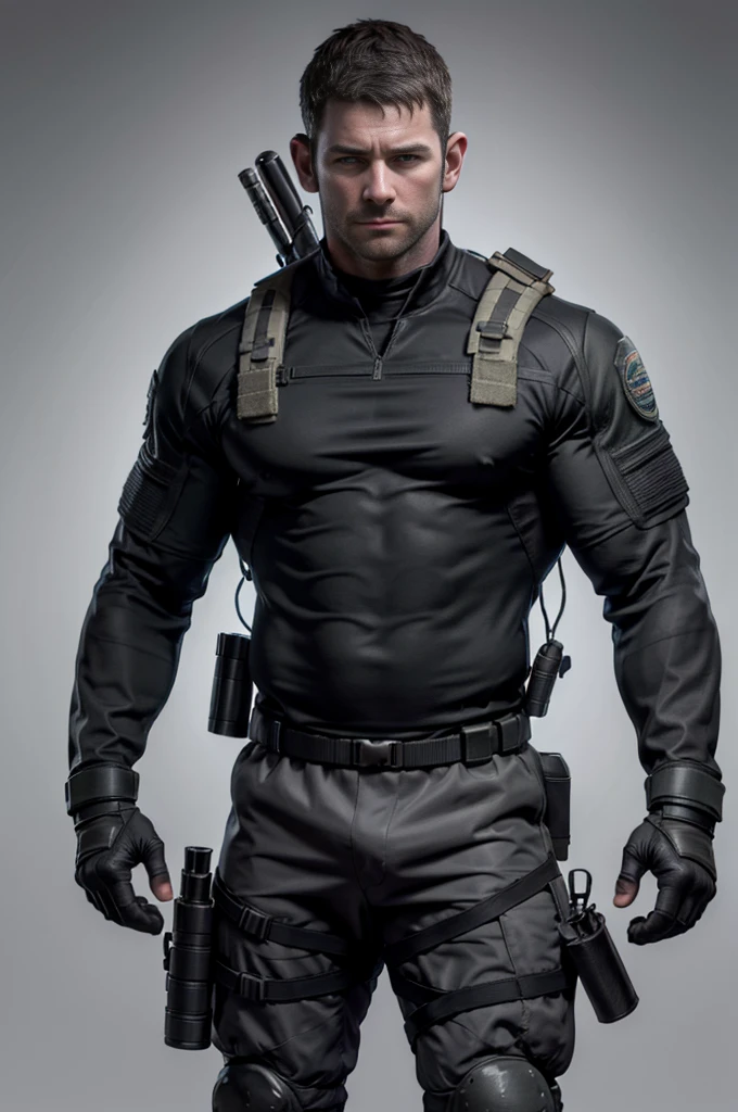 1 man, solo, 3, Chris Redfield, wearing a blue T-shirt, smirks, stubbles, looking at the camera, black color on the shoulder and a bsaa logo on the shoulder, military tactical suit, equipment, tall and hunk, biceps, abs, chest, best quality, masterpiece, high resolution:1.2, upper body shot, dark black gloomy hallway with not background