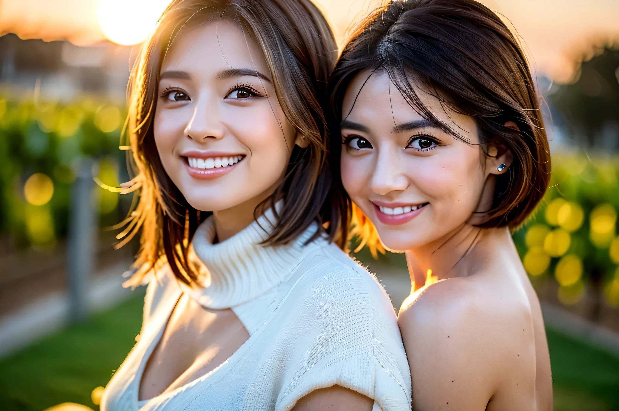 (Realistic:1.2),(masterpiece,Highest quality),8k,((2人のwoman)),Age 35,37 years old、Happy Couple、Wine Party、wine glass、White wine、sparkling wine、red wine、最高なsmile、Upper Body、Tight waist,Perfect Anatomy, Brown Hair, short hair,Random Hairstyles,Amazing view of the sunset sky and clouds、Long sleeve shirt、dress,((Highly detailed face and eyes:1.2))(Cute Face:1.4),Beautiful actress face,Perfect golden ratio face,woman'suit、Nice,(smile:1.2)、