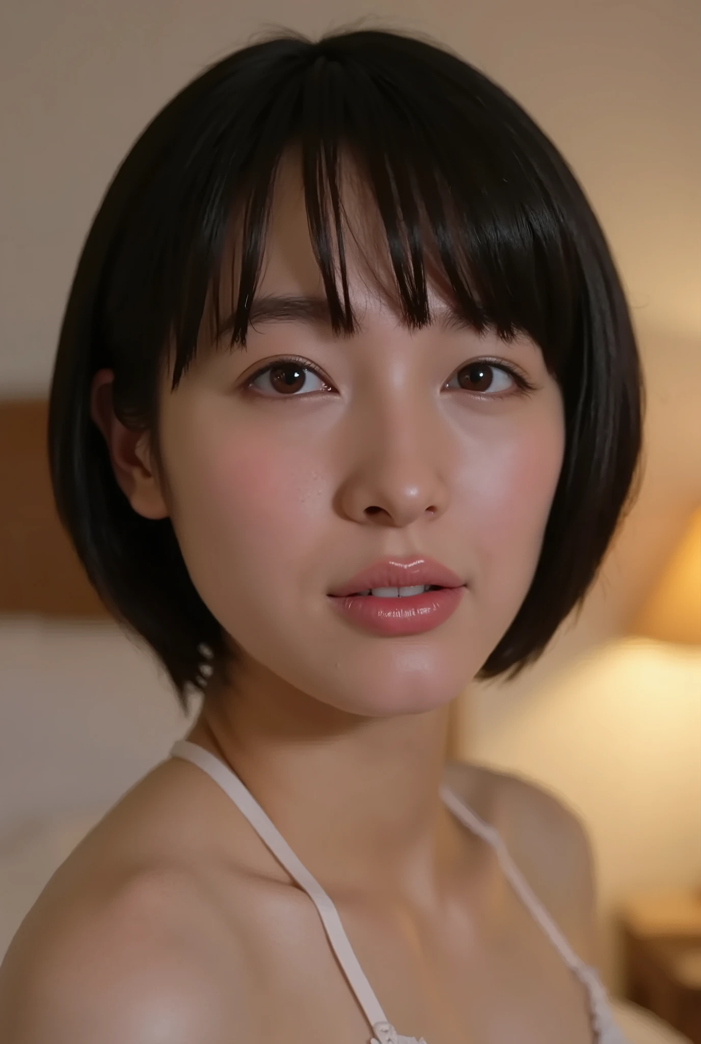 (( of the highest quality )), ((masterpiece)), ( details), first-person view ,1 girl, petite women, Voluptuous women ,( in the bedroom ),(( セクシーなunderwear )),((Big Breasts, underwear, short bob)), black hair with a young pattern , (( without makeup, small eyes))