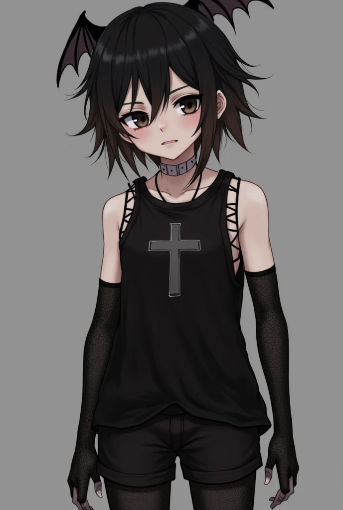 (incredibly_absurdres:1.5),1girl, (black eyes:1.2//),black hair,short hair,high twintails,(++small breasts),expressionless,++beltskirt,(crossed bangs:1.2),upper body,hair over one eye,Cross hair clip in bangs,long locks,Long eyelashes,