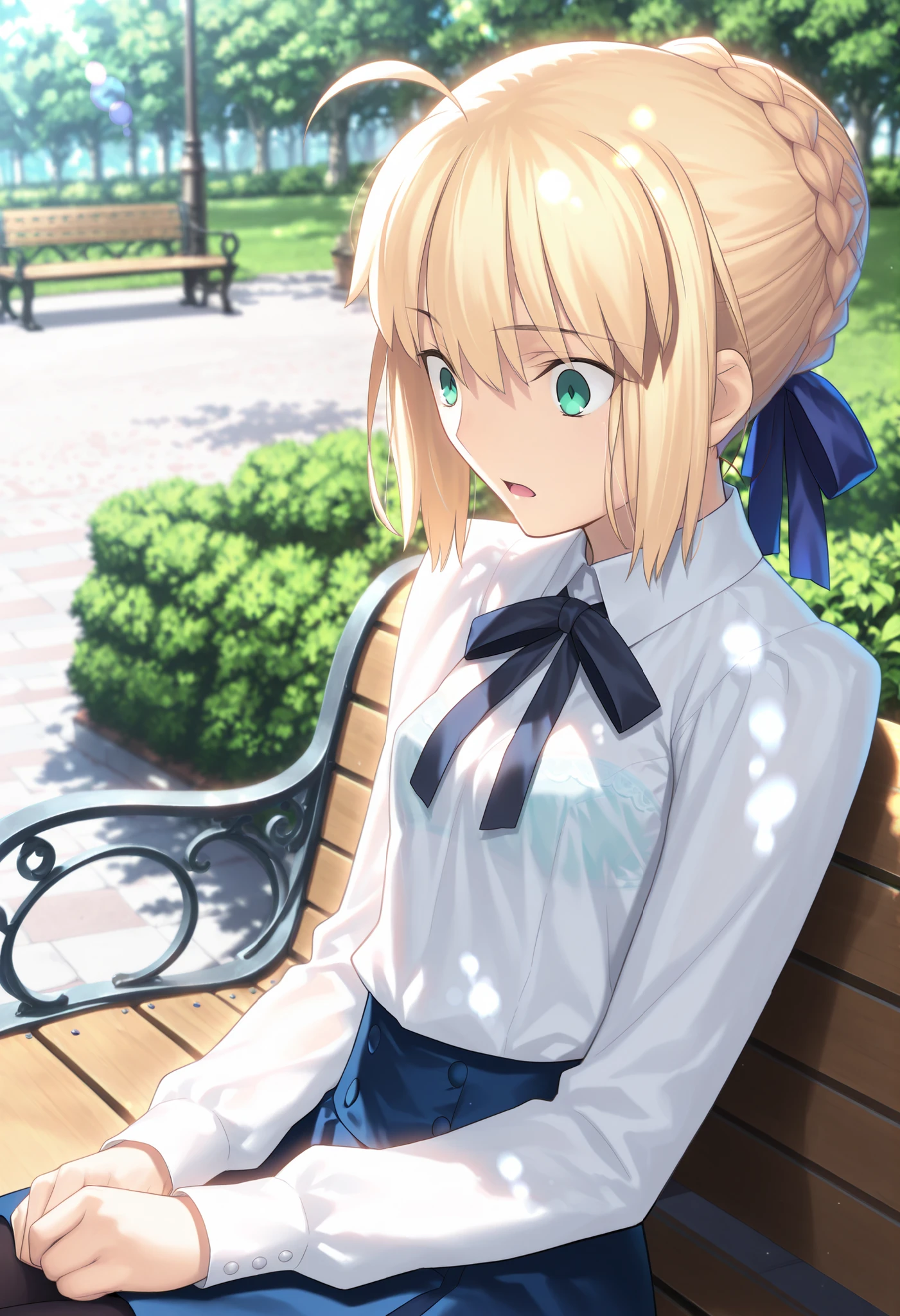 masterpiece, , absurdres, highres, detailed background, high resolution, masterpiece, necessary, detail, best quality, quality, necessary, details, High details, Precise, dark, outdoors, dappled sunlight, day, lens flare, blurry background, from above, upper body, from side, from above,
1girl, solo, Takeuchi Takashi (type-moon,fate) style, takeuchi takashi style,
tall girl, mature, artoria pendragon, artoria pendragon (fate), saber, hair bun, single hair bun, braid, blonde hair, green eyes, , ahoge, small breasts, ,(sitting on bench), surprised, wide-eyed,
(skirt, shirt, long sleeves, ribbon, white shirt, pantyhose, black pantyhose, blouse,), see-through, bra, undress black ribbon, small breast, flat chest, , looking down, ,